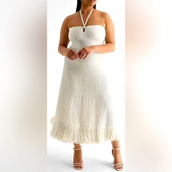 NWT Express Ribbed Halter Midi Dress w/ Fringe - Picture 1 of 9